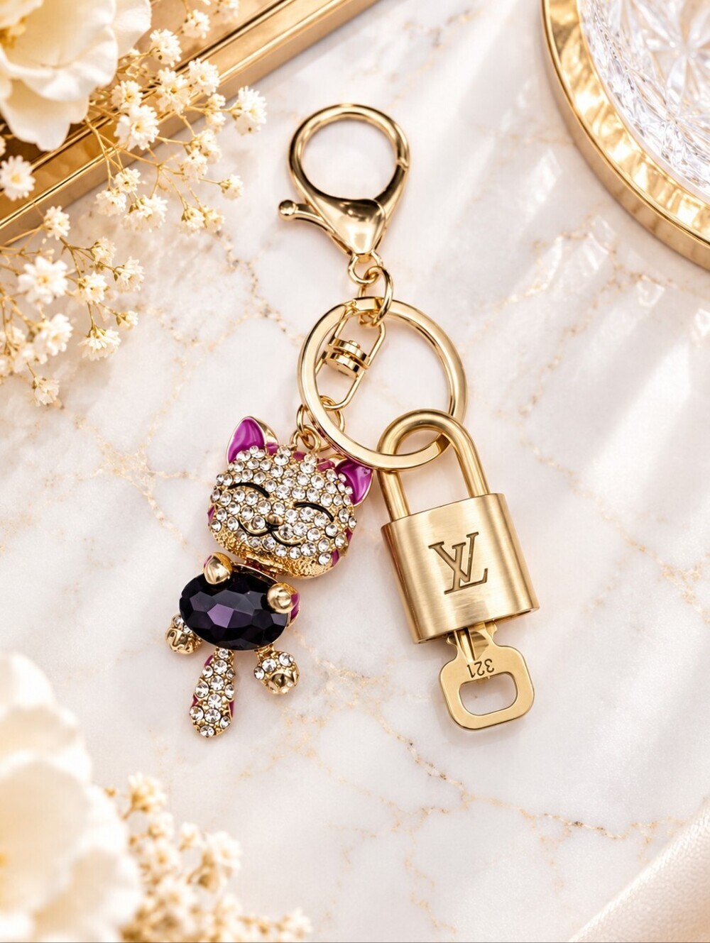 Authentic Louis Vuitton Lock & Key with Unbranded Cat Charm, Keychain